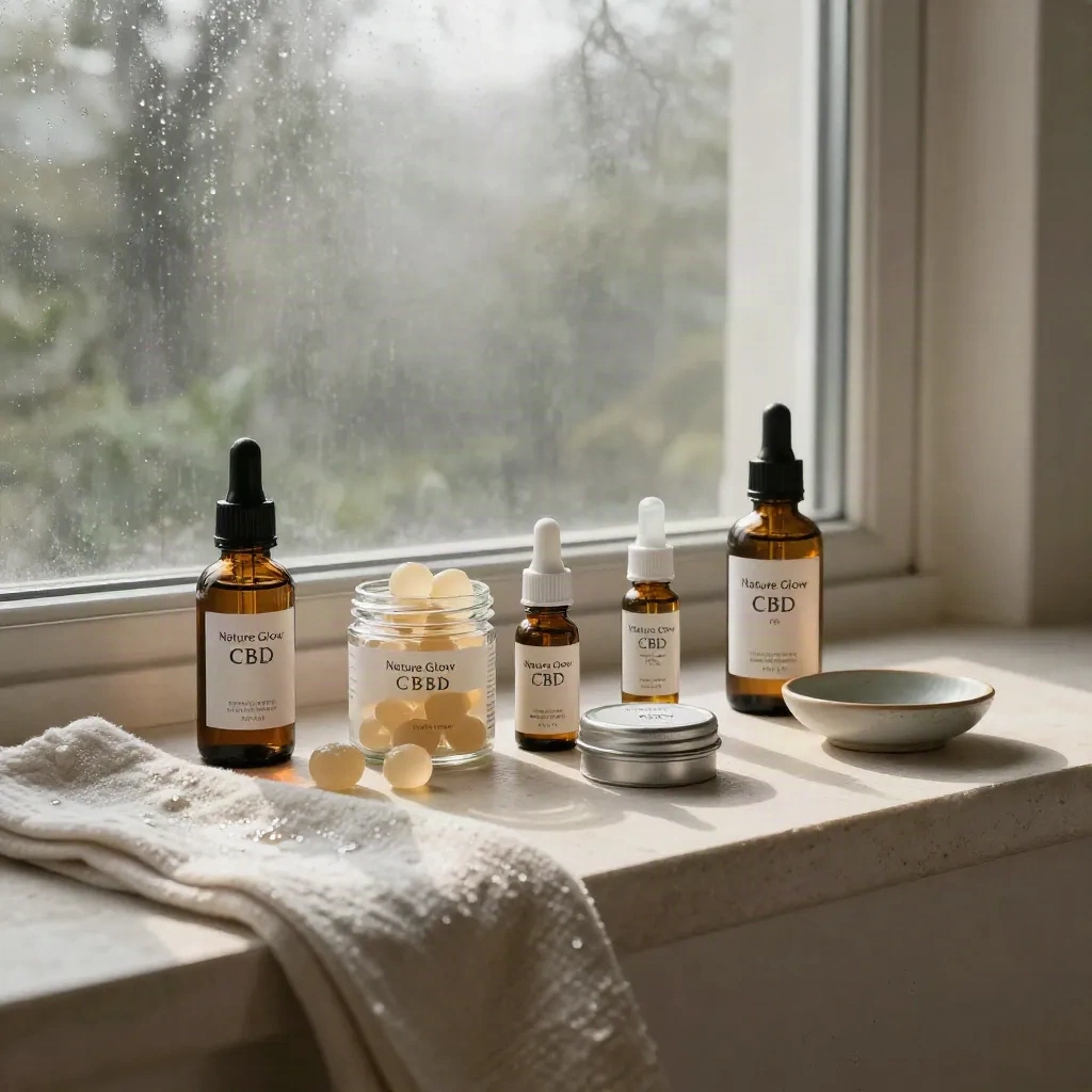 CBD products on a rain-damp bedside ledge in moody dawn light.