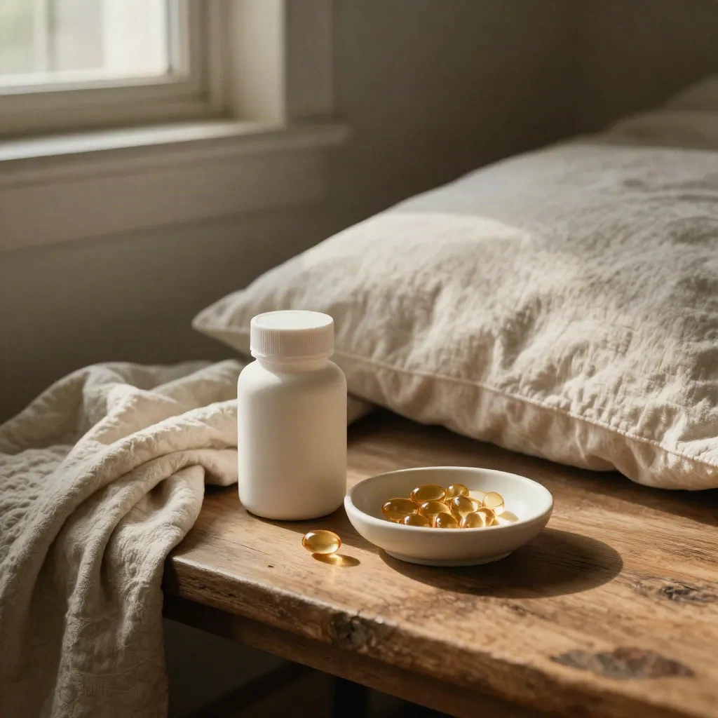 CBD sleep softgel bottle beside a capsule dish on a bedside bench with a quilt