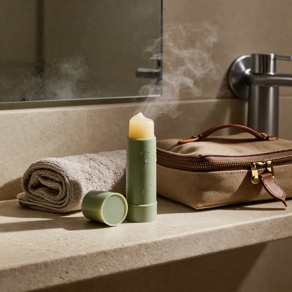 Open balm stick, damp towel, and travel dopp kit on a steamy bathroom shelf.