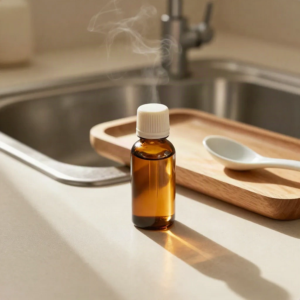 Recovery hemp oil bottle, ceramic spoon and pale wood tray by a brushed metal sink in soft steam.