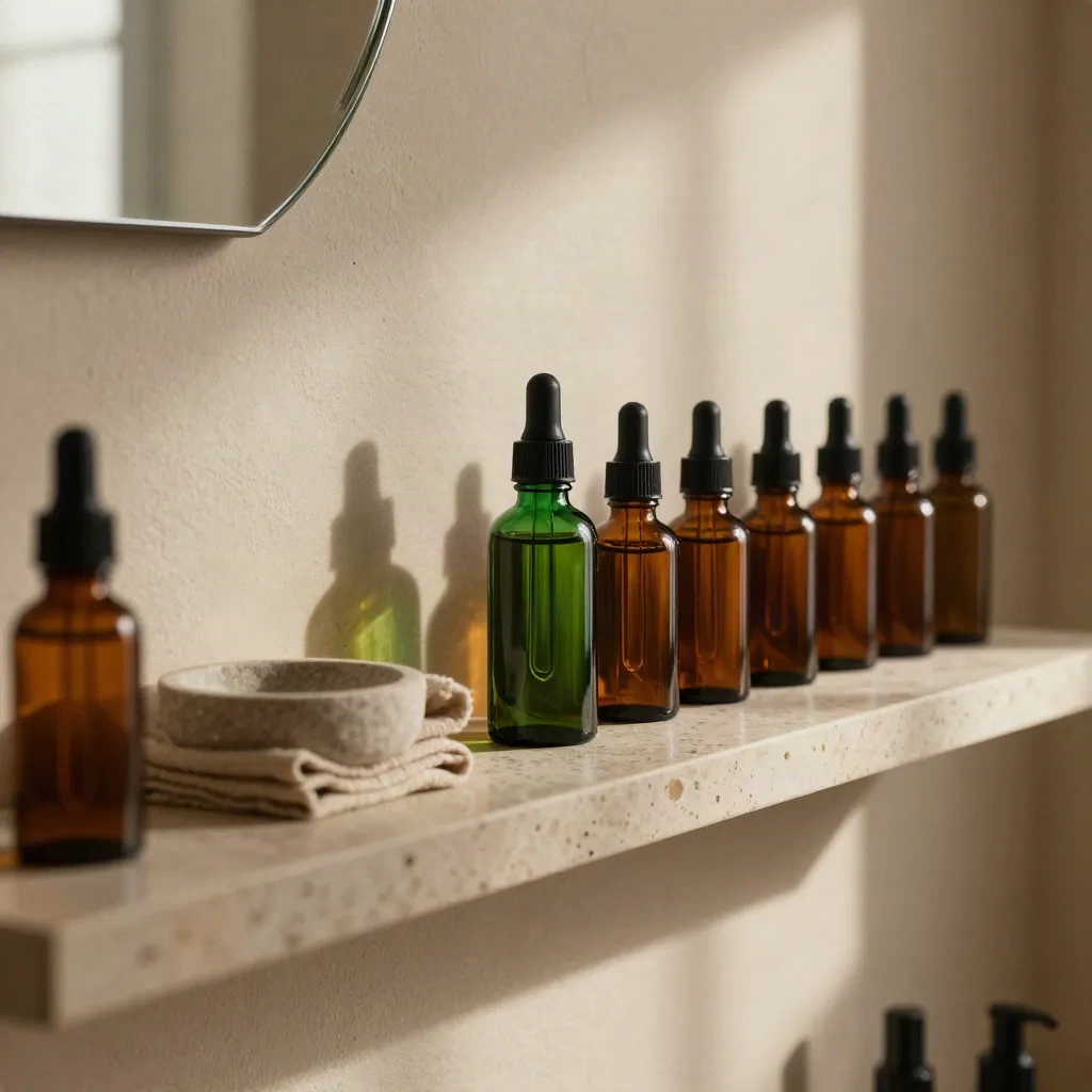 CBD tincture bottles on a travertine shelf with linen and a stone bowl in morning light