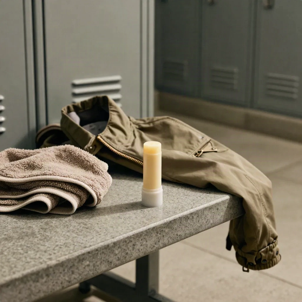 Open shoulder balm stick on a stone locker bench with towel, jacket, and steam