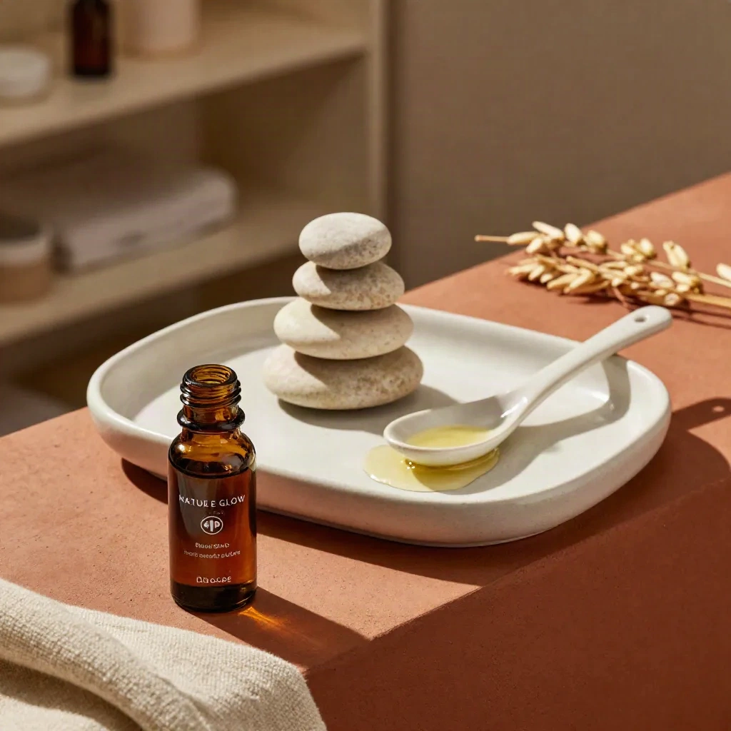 Amber tincture bottle, ceramic spoon, and three pebbles step diagonally across a pale tray.