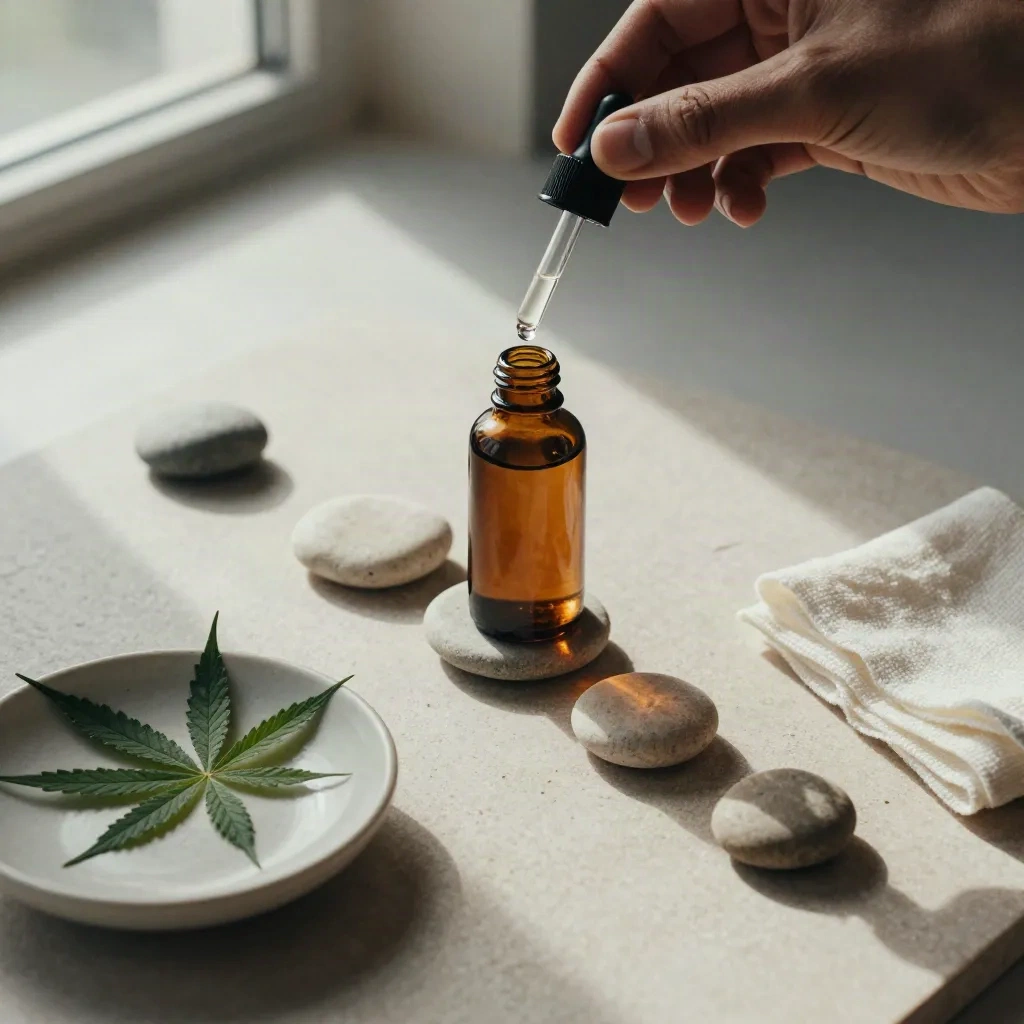 Amber CBD tincture with droplet, pebble markers, and gauze on a stone flatlay